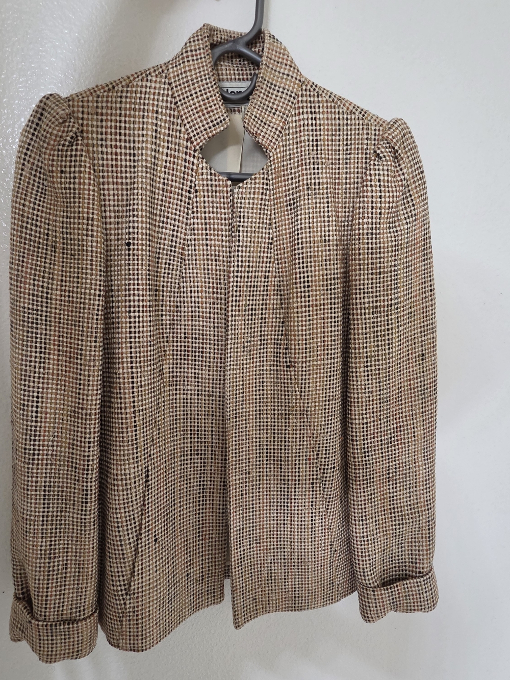 Womens Beige Plaid Puff-Sleeve Jacket